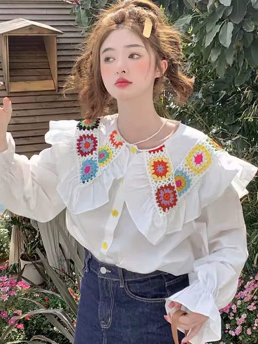 White Floral Crochet Ruffle Blouse